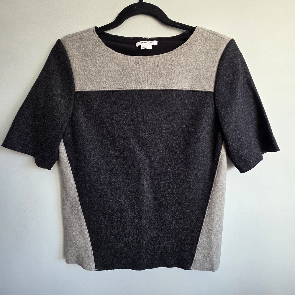 Helmut Lang Wool Blend Colorblock Top Petite Small Grey Black Short Sleeve